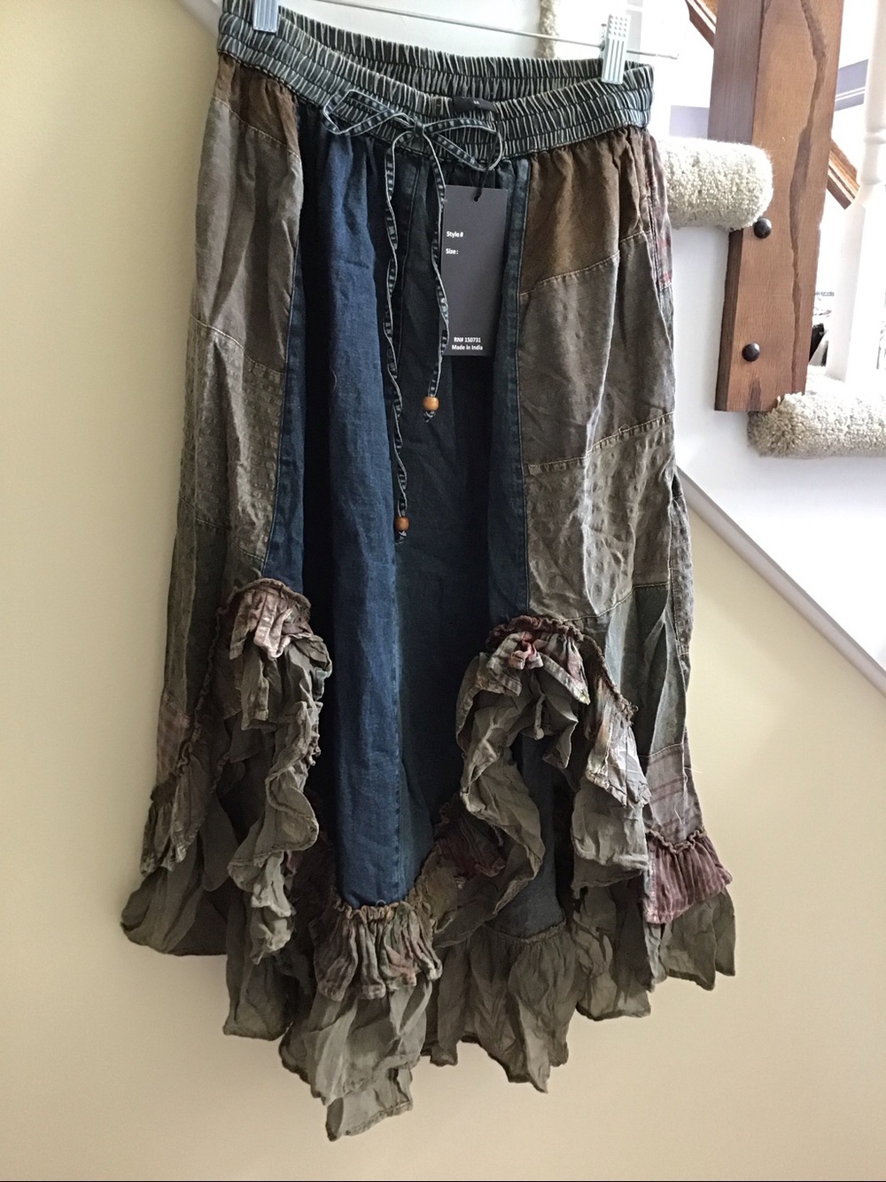 YOUNG THREADS NWT Skirt Denim Plaid Ruffle Drawstring Size MEDIUM Xlarge